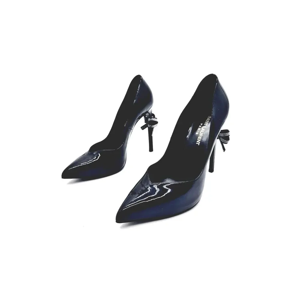 Saint Laurent Black Patent Leather Crystal Bow Runway Heels Pumps EU 38.5